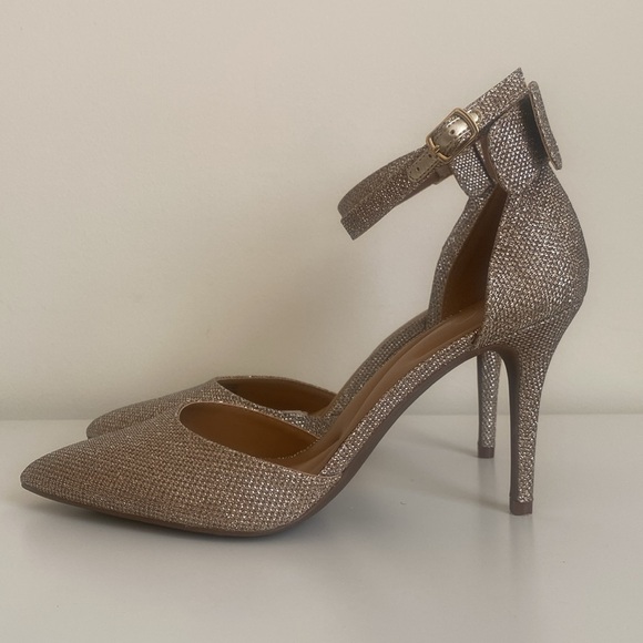 Jessica Simpson Lana High Heels Sz 9 Double Bow Ankle Strap Glittery Gold Pumps - Picture 8 of 15